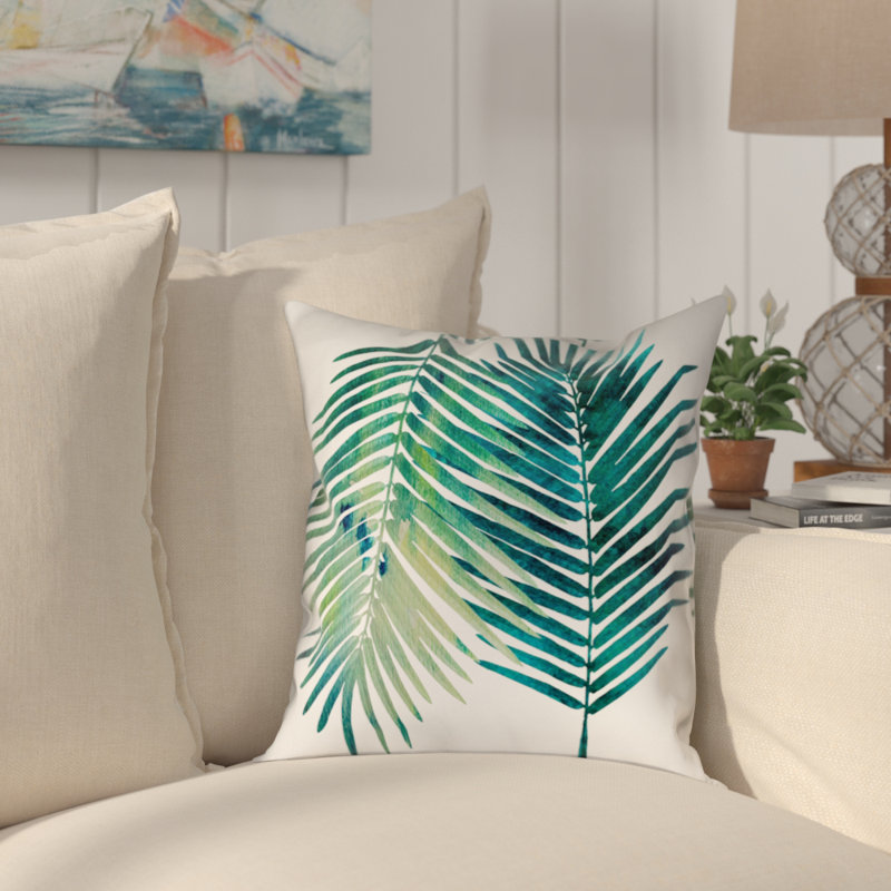  Watercolor Teal Palms Outdoor Throw Pillow, 18" H x 18" W