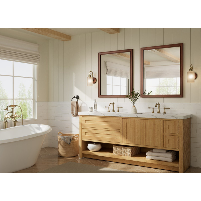 Miroir de salle de bain rectangulaire avec cadre en bois massif, verre trempé, H 30 po x l 36 po, Brun