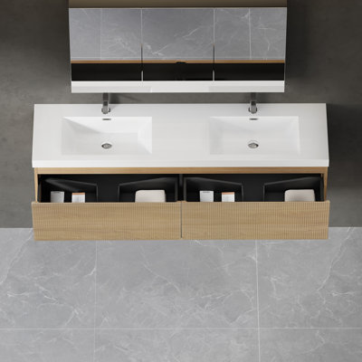 Ensemble de meuble-lavabo flottant 72 po avec lavabo, armoire murale rayée avec tiroir à fermeture en douceur et double cuve à surface solide blanc brillant, chêne naturel GF-24V16-72NOW-W1573P265205
