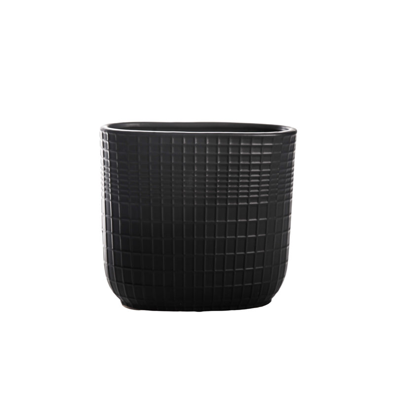 Ceramic Tall Oval Pot with Embossed Lattice Design Body and Bellied Bottom Base Matte Finish Black..10.50"x5.25"x10.00"H