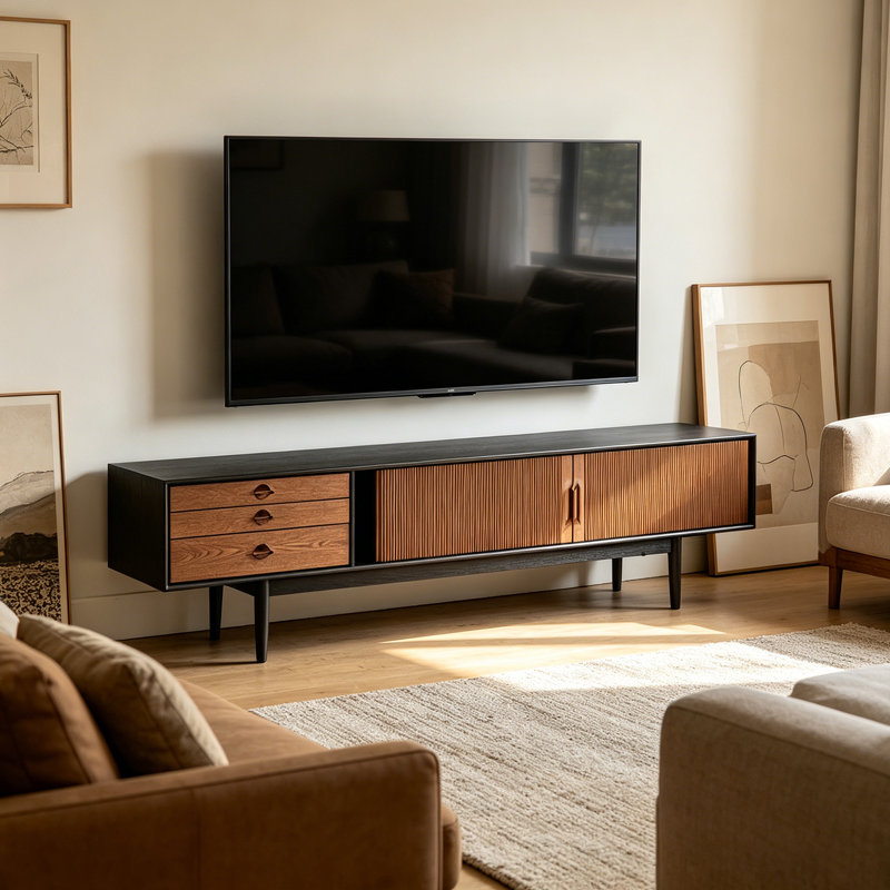 Meuble télé en bois Retro, Brun / Noir, H 23,62 po x L 78,74 po x l 15,74 po