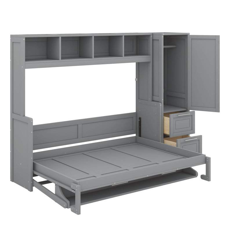 Lit escamotable peu encombrant avec garde-robe intégrée et rangement pour tiroirs, Gris, Double