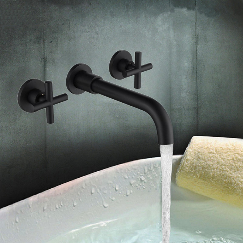 Wall Mounted Bathroom Sink Faucet With Pop-up Drain (no Overflow), Matte Black
