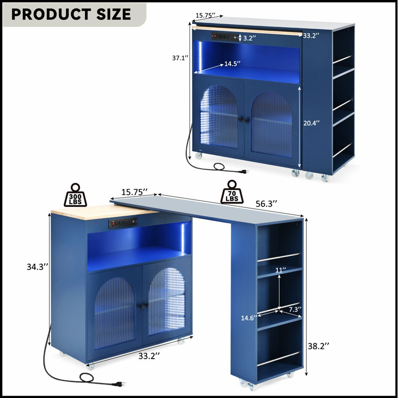 Rolling Kitchen Island with Extended Table and LED Lights, for Flexible and Functional Kitchen Organization, Navy