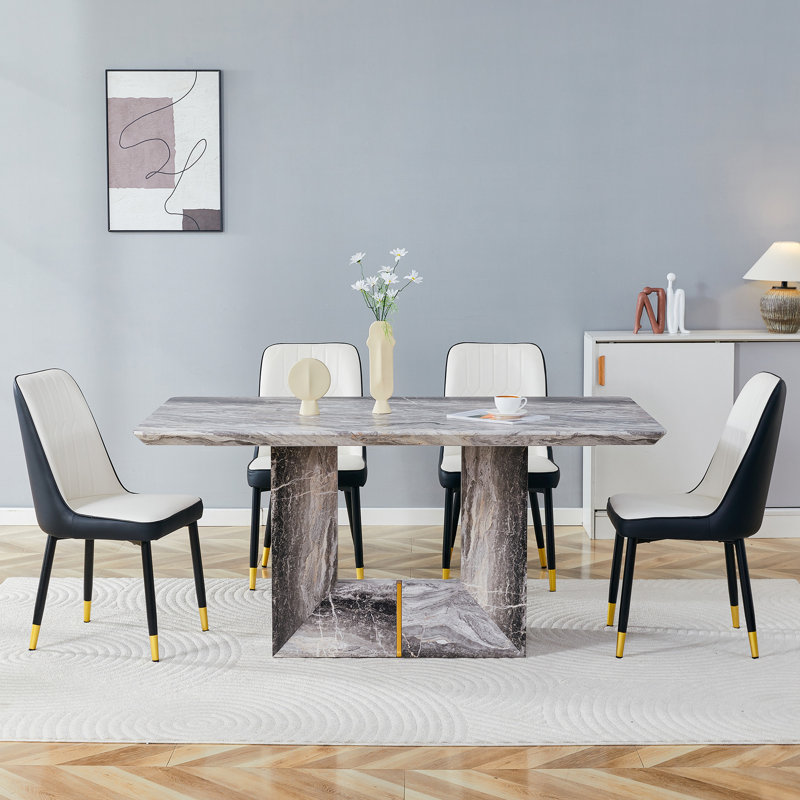 Ensemble de table de salle à manger moderne 63 po pour 4 à 6, table rectangulaire en faux marbre pour la salle à manger et la cuisine