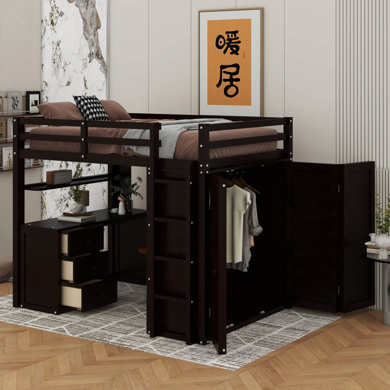 Full Loft Bed With Desk,Drawers And Wardrobe, Espresso
