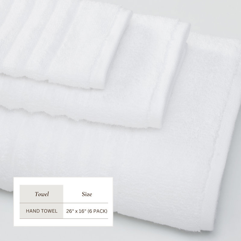 100% Zero-Twist Cotton Ribbed Bath Towels , White, Hand Towels - 6 Pack