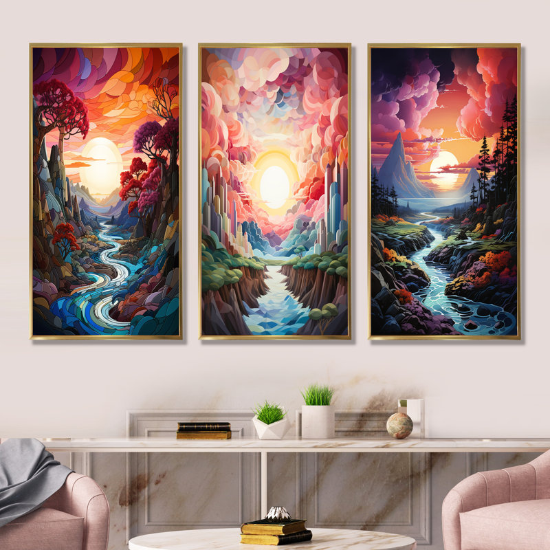 «Rainbow Mountain Sunrise Landscape», ensemble d'art mural sur toile arc-en-ciel de 3, Cadre flottant doré, H 28 po x l 36 po