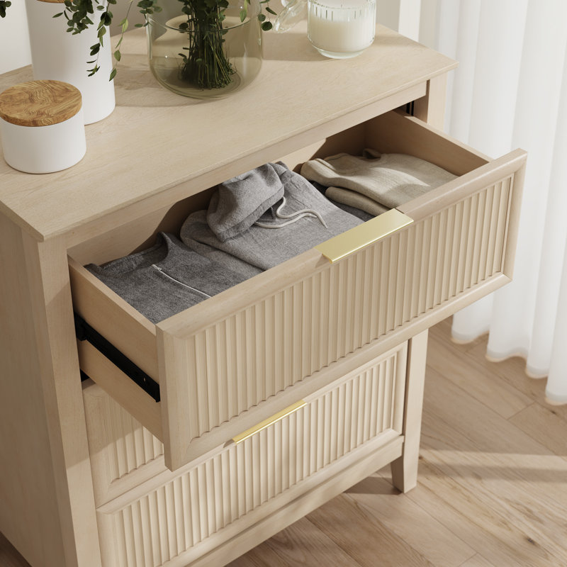 3 Drawer Dresser, Fluted Design, Modern Wood Storage Cabinet, Natural Birch, Natural Birch