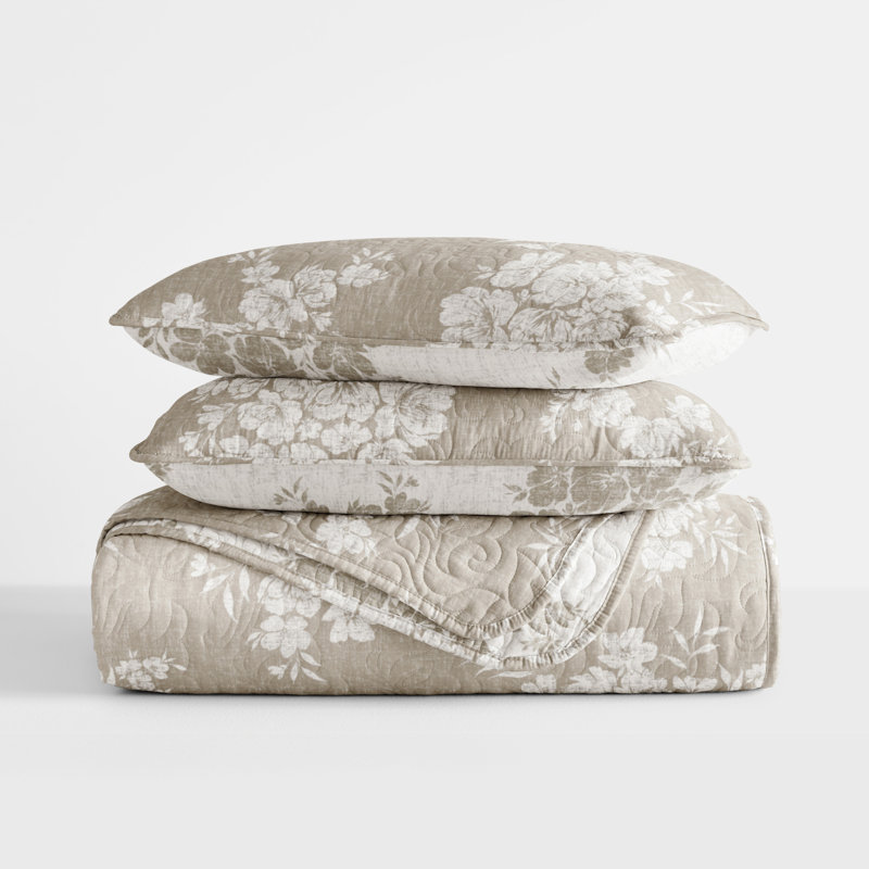 Quilt Set- Lightweight - All Season Quilted Coverlet - Distressed Bouquet, King/Cal-King Quilt + 2 King Shams, Taupe