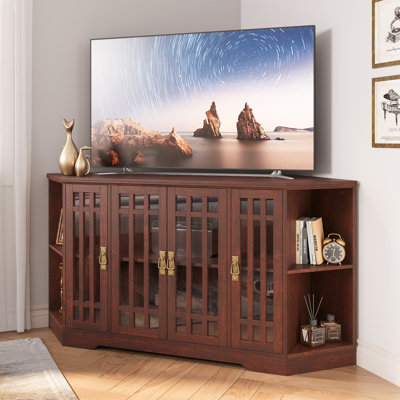 Corner Tv Stand For Tvs Up To 65 Inch With Power Outlet, Corner Entertainment Centre With Storage Cabinet And Glass Doors, Mid Century Modern Tv Stand For Living Room, Bedroom