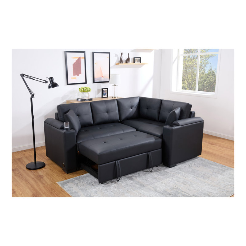 Donovan 84.5"W Black PVC Fabric Sleeper Sectional with USB Charger, Cupholders, Storage Arms