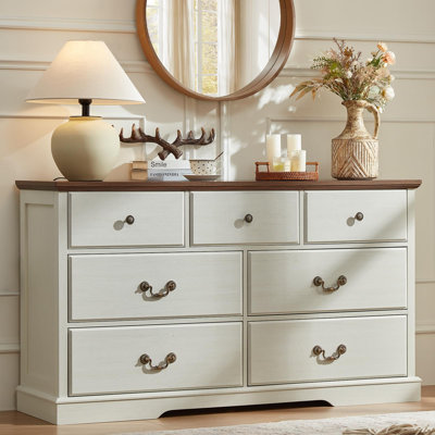 Farmhouse 7 Drawer Dresser for Bedroom,54" Wide Wood Rustic Chest of Drawers,Farmhouse Chest of Drawers for Bedroom,Wood Drawer Organizer for Living Room, Hallway,Bedroom (White)