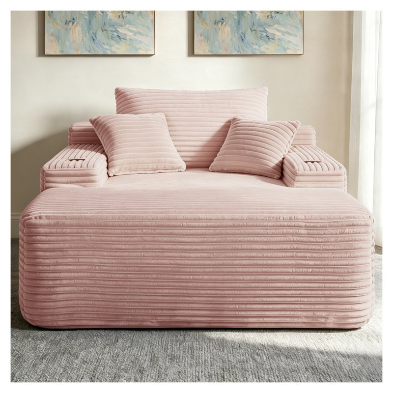 Fauteuil convertible en peluche avec accoudoirs larges et porte-gobelet, canapé-lit rose sans structure, aucun assemblage requis