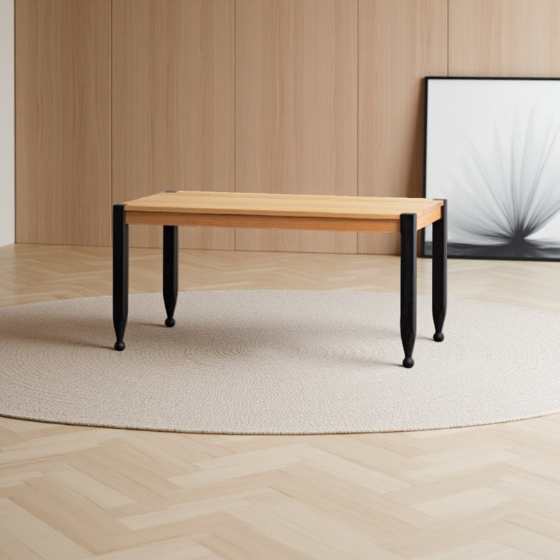 A rectangular solid pine wooden desk