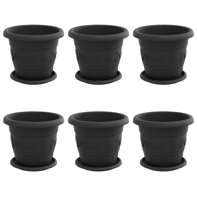 Plant Pots 6 Pcs Plastic, 18cm H x 22cm W x 22cm D, Black