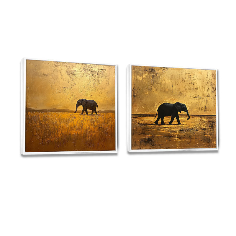 Éléphant doré dans le désert ouvert d'Afrique I - Art mural animal éléphant - décoration murale moderne 2 pièces, Blanc