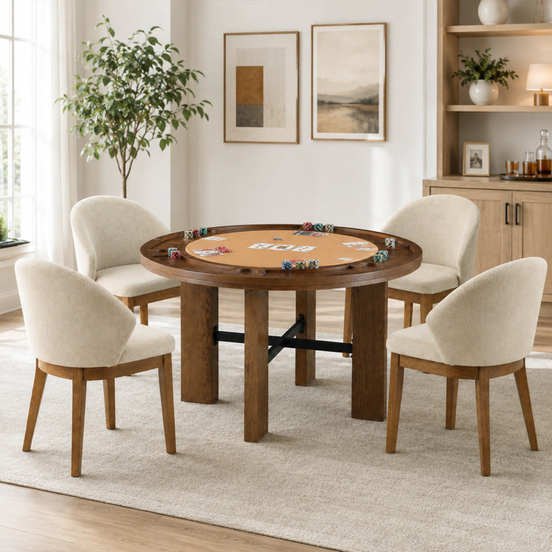 Ensemble de table de salle à manger contemporaine 5 pièces, table de jeu convertible ronde 48 po avec plateau en vinyle et 4 chaises rembourrées en tissu