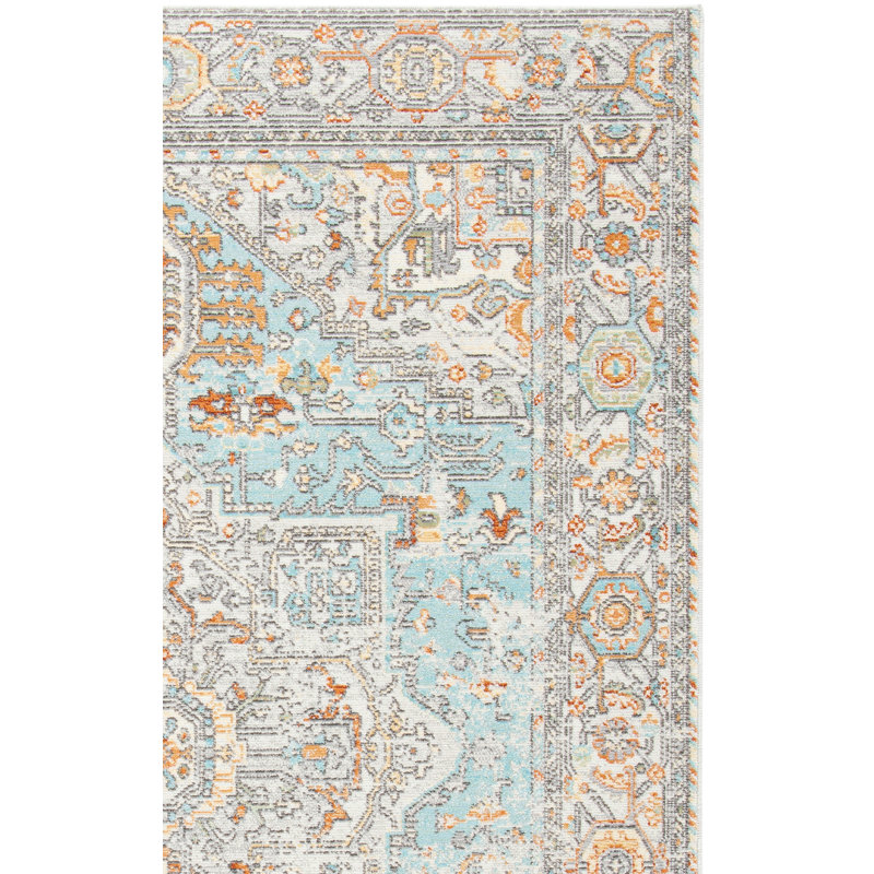 Fetterman Oriental Aqua/Orange Area Rug, Square 6'7"