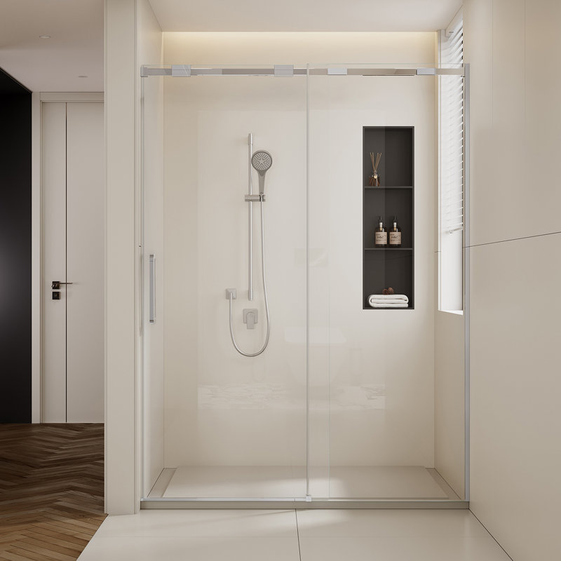 56-60"W x74"H Semi-Frame Single Sliding Shower Door,304 Stainless Steelin Polished Chrome finish,5/16" (8mm) Thick SGCC Tempered Clear Glass,Type C Wrapped Guide Rail Anti-derailment Pulley