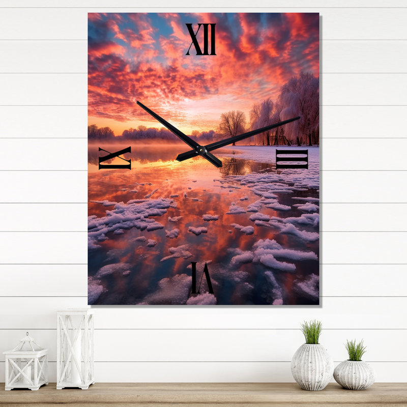 Horloge murale moderne «Exquis Sunshine Over Icy Winter Lake II», Petit