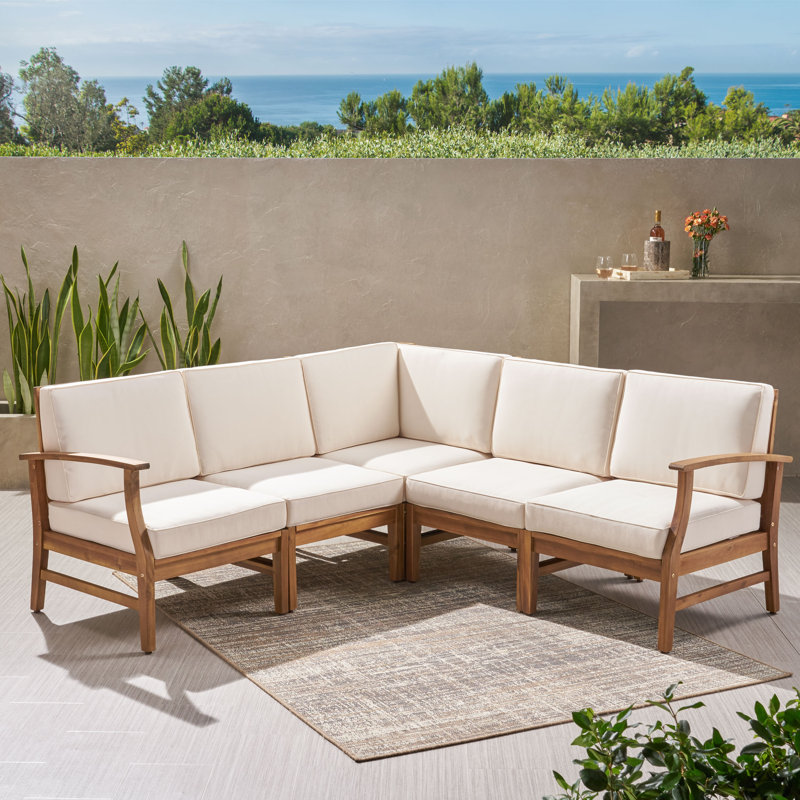 Bevelyn 77.75'' Wide L-Shaped Acacia Patio Sectional with Cushions, Cream, Brown