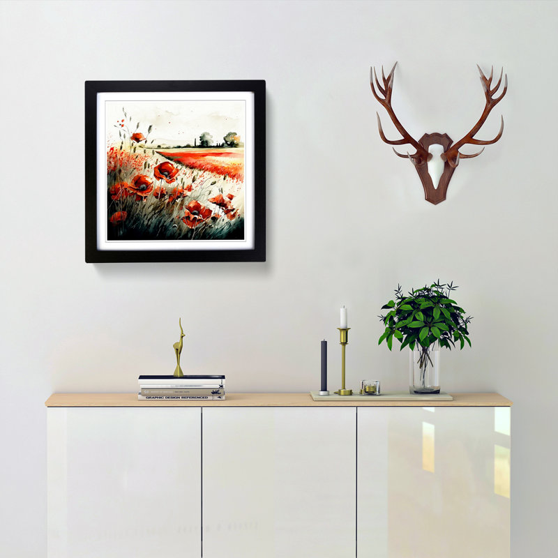 Poppy Field Watercolour - Framed Print, Black