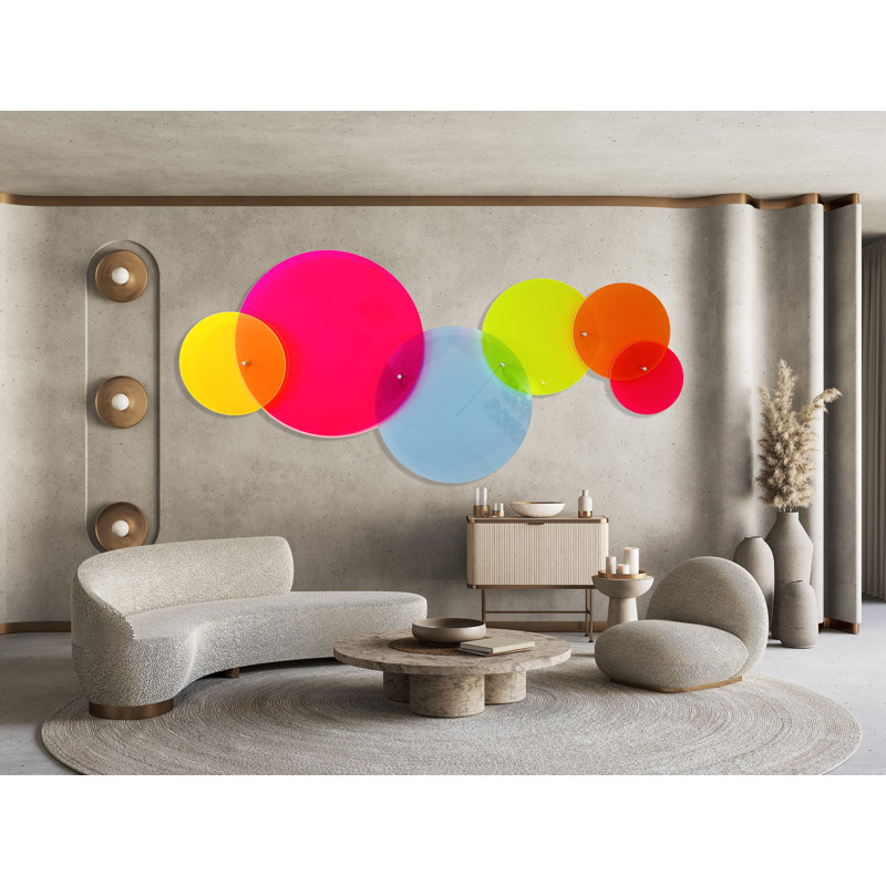 Fluorescent Acrylic Neon Art – Transparent Set of 6 Circles Wall Décor, 3D Pop Art Style, Made in USA – Vibrant Multicolor Modern Wall, 79"W x 73"H