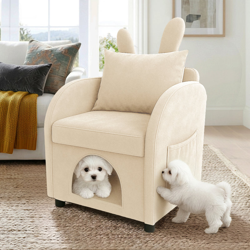 Fauteuil adapté aux animaux de compagnie avec cachette intégrée pour chat et chien, dossier à oreilles de lapin, Beige