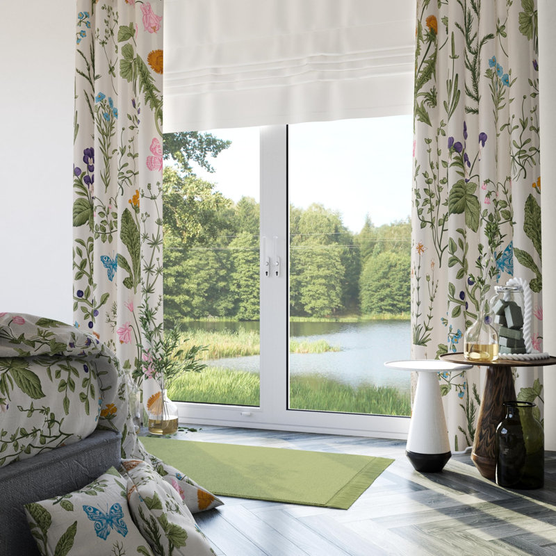 Botanical Curtains 100% Blackout 2 Panels, Green/White