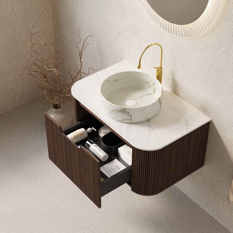 Meuble-lavabo rond en céramique 30 po, Dark Walnut, 30" W, White