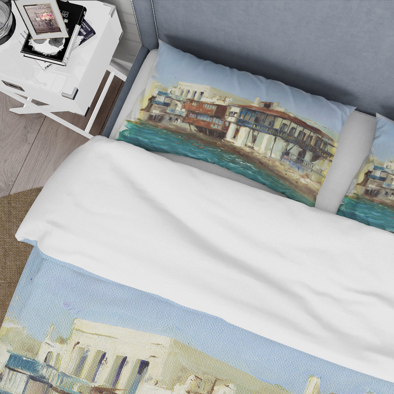 Vieilles maisons sur l'île de Mykonos, Grèce - Ensemble de housse de couette nautique - Polyester en microfibre