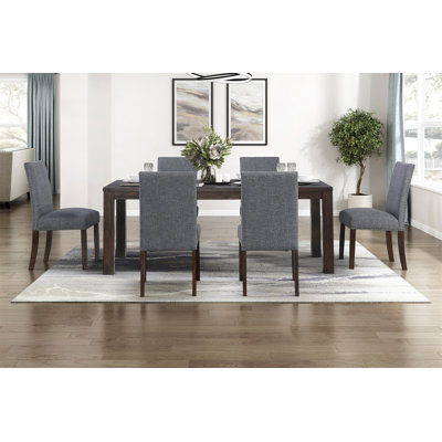 Classic 7Pc Dining Set Dark Brown Finish Table And 6X Side Chairs Comfort Upholstery Gray Dining Kitchen Furniture