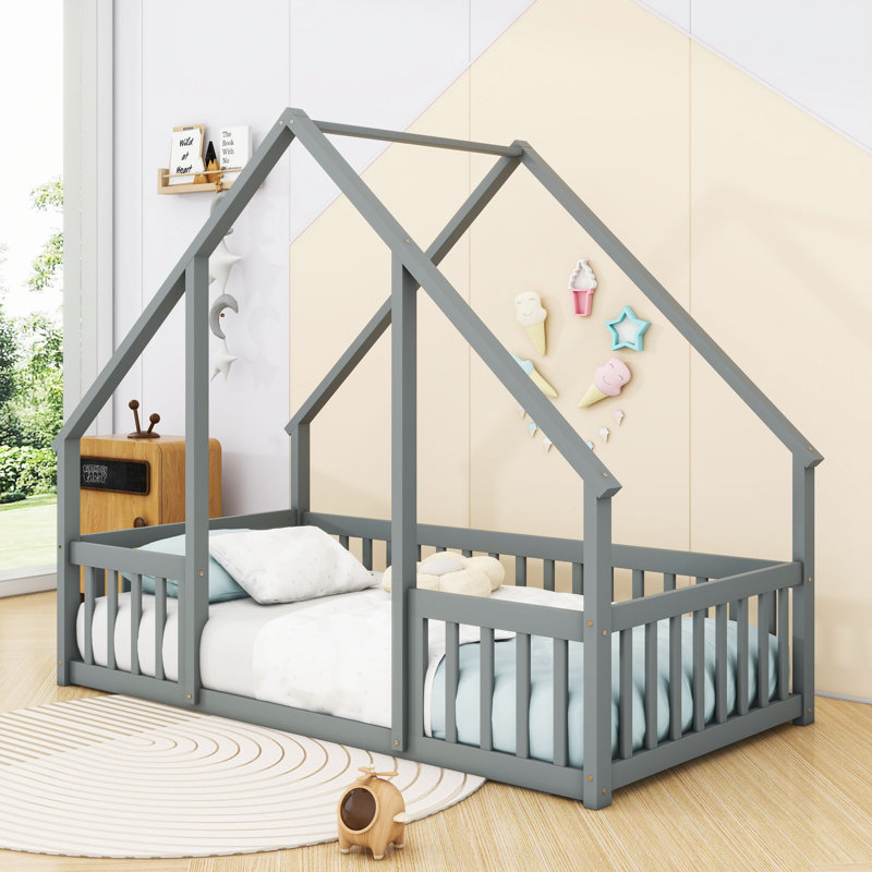 Lit en bois avec garde-corps en forme de maison, Simple, gris