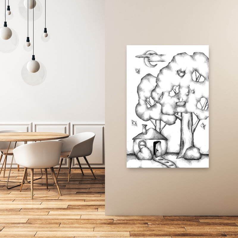 «Whimsical Night House Dreamy Peaceful Serene Cherry Tree Bird», reproduction d'art murale, H 48 po x l 32 po