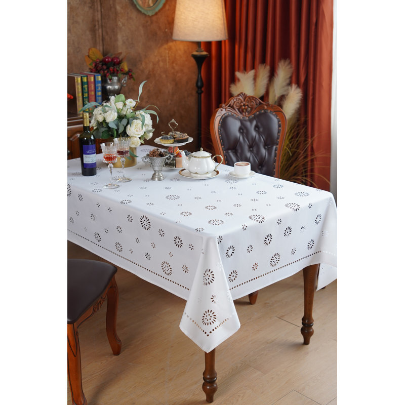 Daisy Eyelet Vintage Cutwork Pattern, Polyester, Ivory , 70 inch by 120 inch, Seats 10 to 12 people, Rectangular Tablecloths
