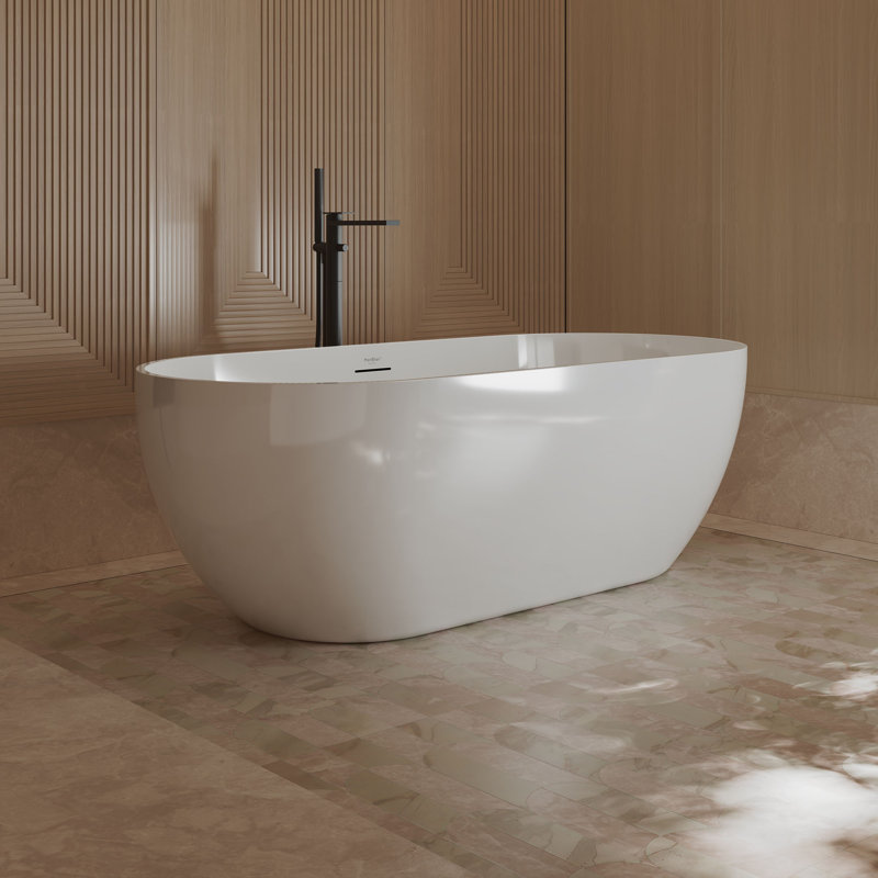 Baignoire autoportante MonBlari 63 po x 29,5 po en acrylique blanc avec trop-plein et bonde rétractable pour salle de bain