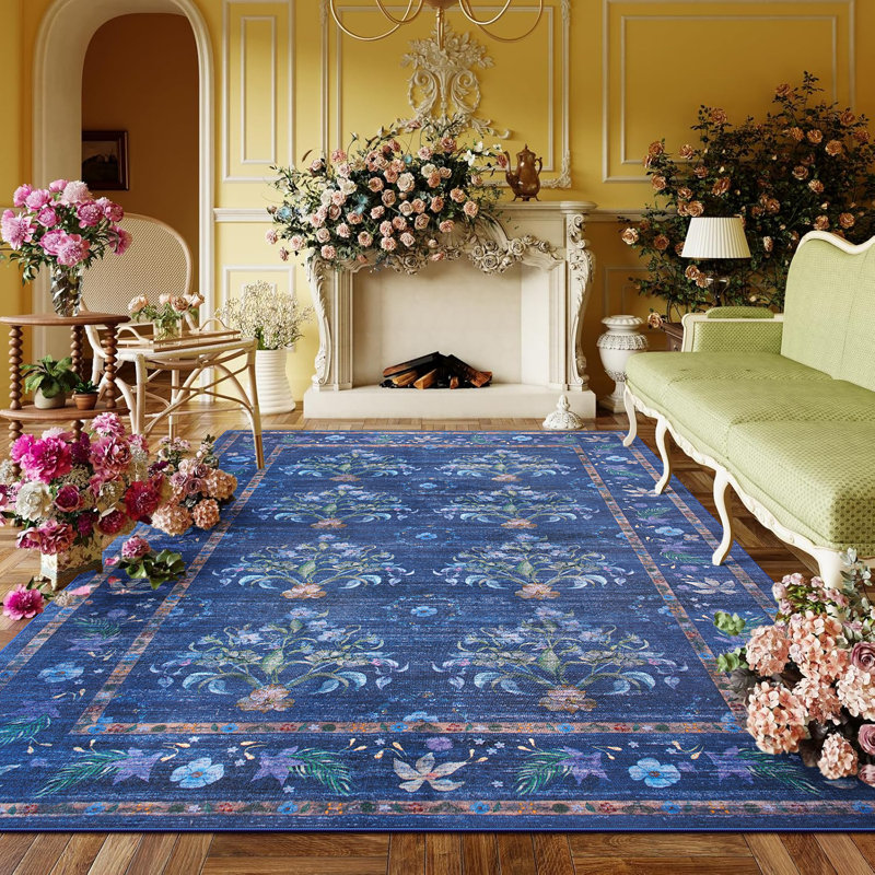 Straub Large Floral Rugs Living Room Rug Washable Bedroom Rug Non-Slip Colorful Vintage Accent Floor Carpet For Home Decor