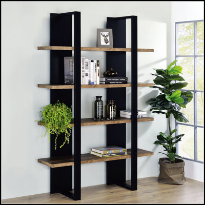 Mystrene Black And Walnut 4-Shelf Bookcase, Modern Design With Ample Storage For Books And Decor