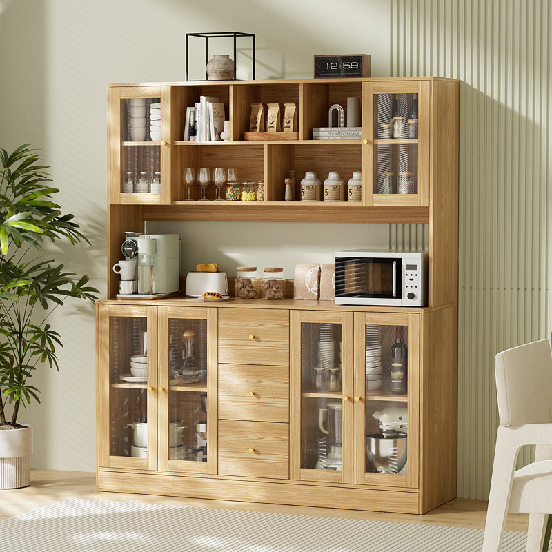 Grande huche de cuisine, garde-manger avec 4 portes en verre, 4 tiroirs et tablette à micro-ondes, Naturel