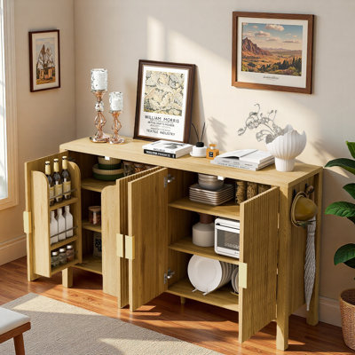 Modern Stripe Door Sideboard With Back-of-door Storage Racks, Side Hooks, Adjustable Shelves And Aluminum Handles