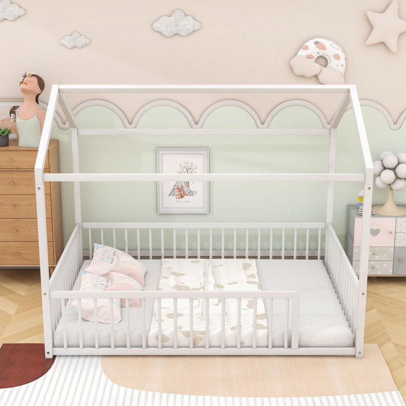 Metal House Shaped Bed With Fence, Full, White