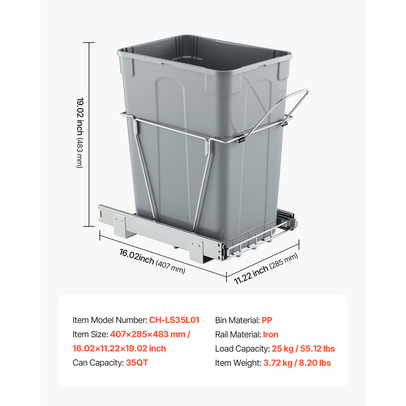 Poubelle coulissante pour armoires de cuisine, bac à déchets de 35 litres, à encastrer sous comptoir, avec système coulissant à extension complète en métal robuste et poignée.