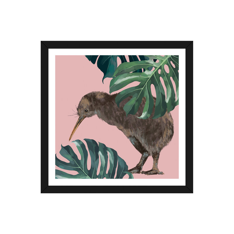 Kiwi oiseau avec monstera art, H 24 po x l 24 po x P 1 po, Papier avec cadre noir