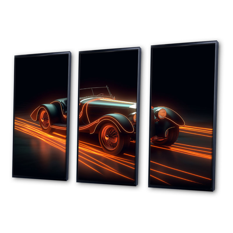 Ensemble de décoration murale rétro Neon Light Strips Roadster I, Cadre flottant noir, H 32 po x l 48 po x P 1 po