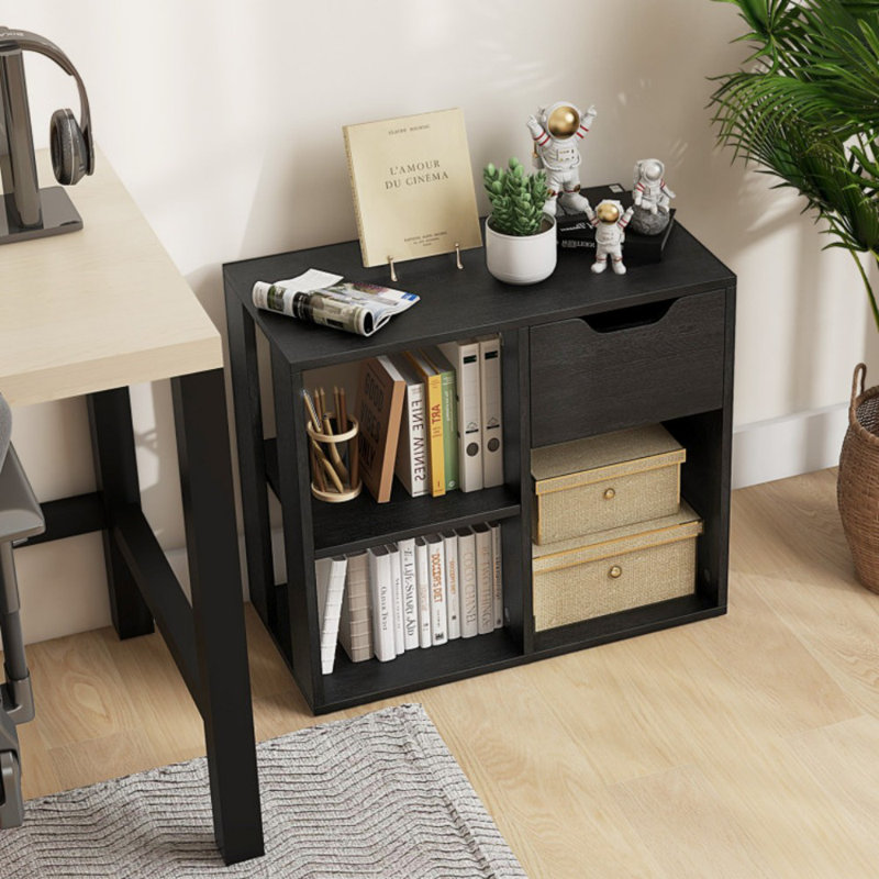 3-Cube Bookcase 2-tier Wooden Storage Shelf with Pull-out Drawer, Black