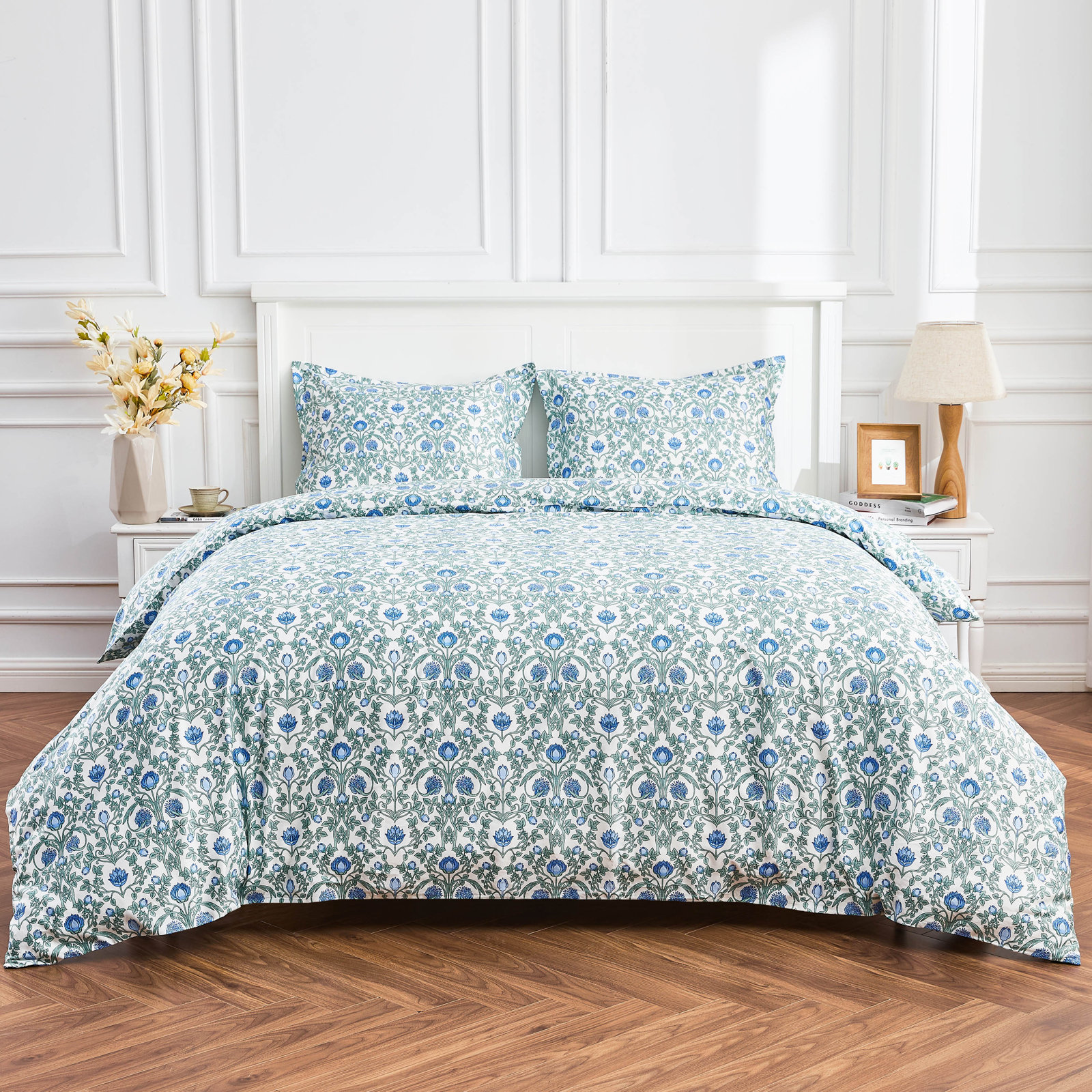 T400 ARTS & CRAFTS FLORAL DUVET SET, Blue, King Duvet Cover + 2 King Shams
