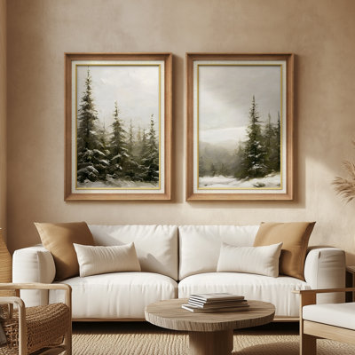«Snowy Pine Forest Winter Scenic», ensemble de 2 reproductions d'art murales encadrées de qualité supérieure sur papier 26 po x 36 po