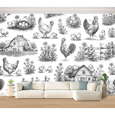 Wall Mural Peel and Stick Wallpaper Chicken farm seamless hand drawn ink Chicken coop hens rooster chicks Self-Adhesive Removable Contact Paper Wall Decor for Living Room Bedroom 100"H x 144"W