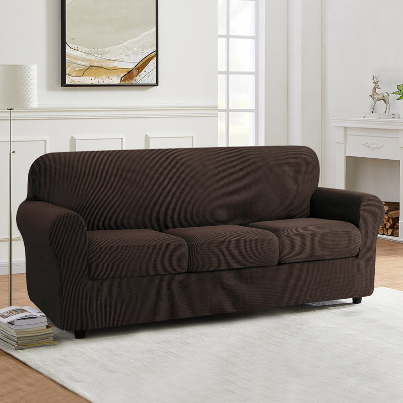 4 Piece Stretch Jacquard Couch Cover, Sofa Slipcover for 3 Cushion Couch, Machine Washable Furniture Protector(Sofa, Chocolate)